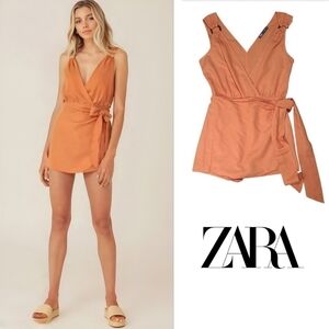 Zara Crossover Tied Wrap Dress Romper W/ Shorts Orange Size Extra Small